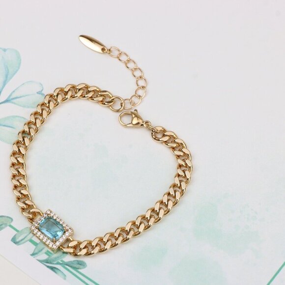 "Blue Crystal Center Rose Gold Chain Bracelet, XPBL0793 - Picture 4 of 12